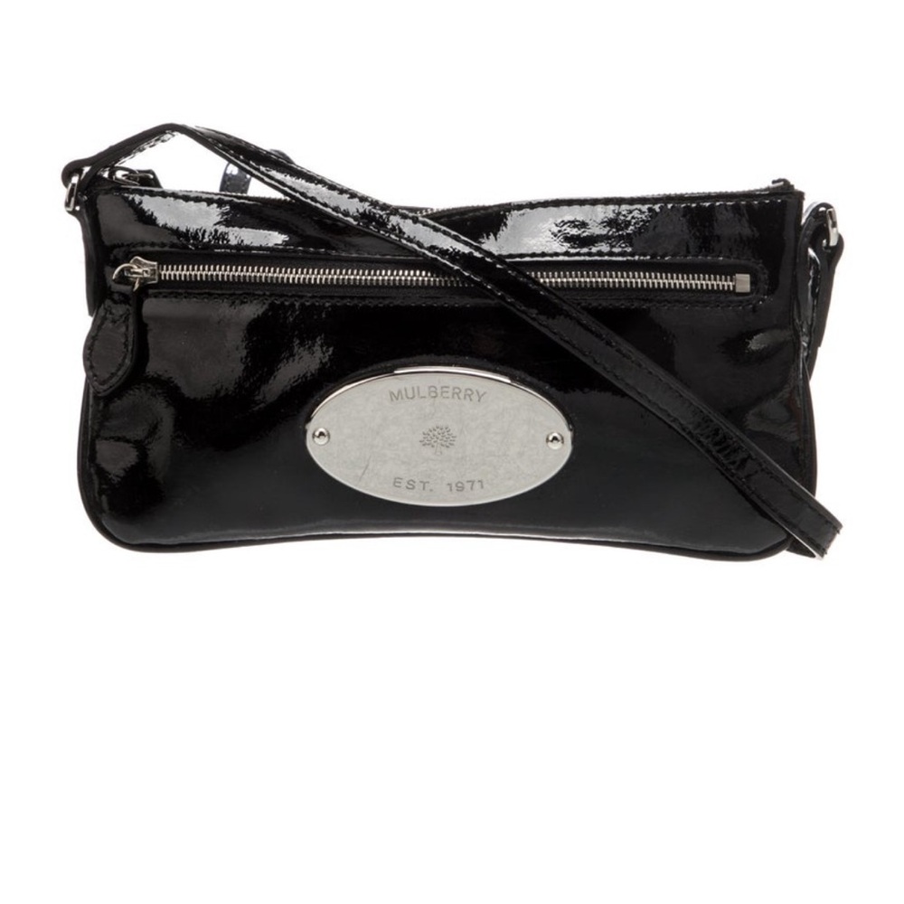 Mulberry Black Patent Crossbody – Plaque Logo, Y2K Clutch, British Designer